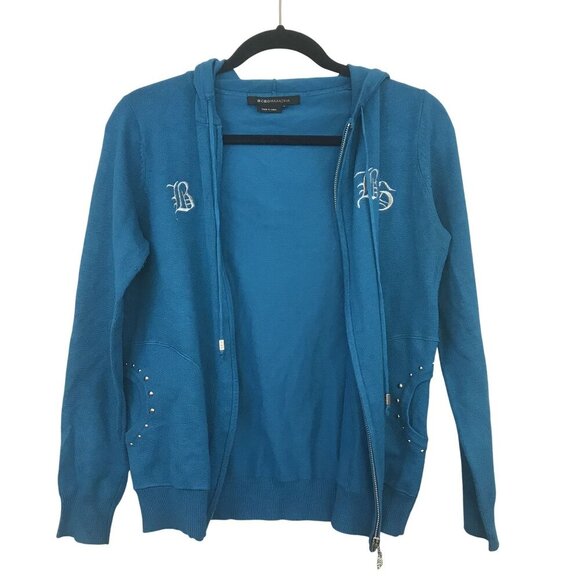 BCBGMaxAzria Blue Hooded Zip-Up Sweater Embroidered Letters Studded Size L Y2K - Picture 9 of 10